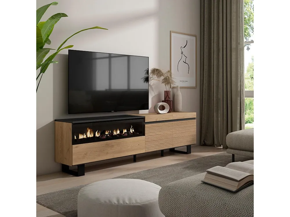 TV-Meubel, Lowboard, 200x57x35cm, Voor tv's tot 80", Elektrische haard, Industrieel design, Eiken Skraut Home