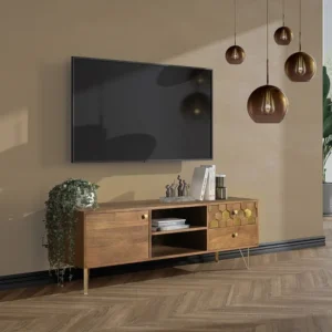 Tv-meubel 1 deurtje, 2 lades, 2 vakken mangohout en metaal - Natuurlijke houtlook - BELORI