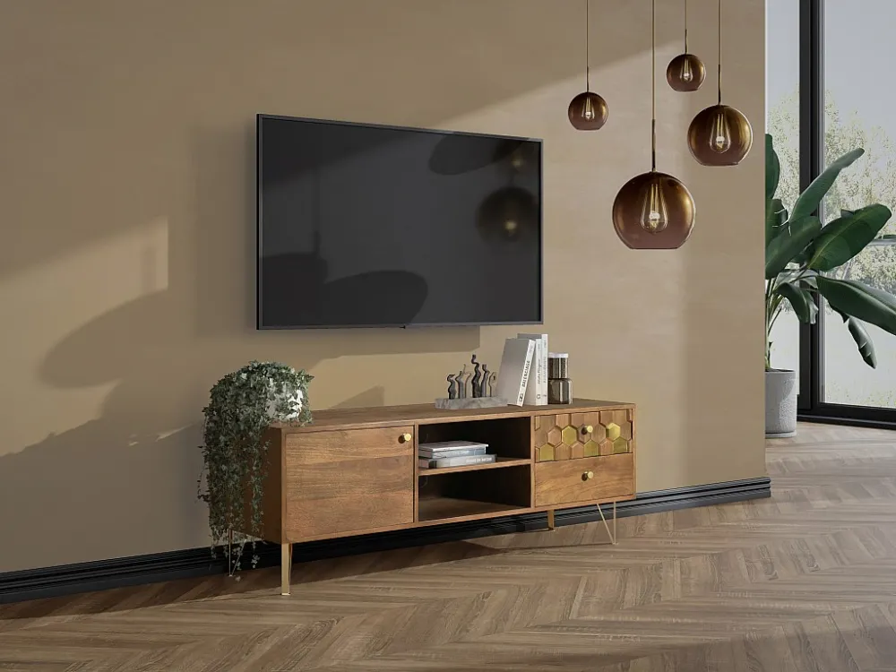 Tv-meubel 1 deurtje, 2 lades, 2 vakken mangohout en metaal - Natuurlijke houtlook - BELORI