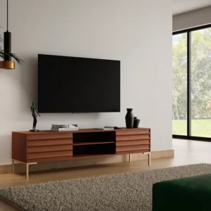 Tv-meubel 2 deurtjes, 2 vakken mangohout en goudkleurig metaal - Donkere houtlook - MAODISA