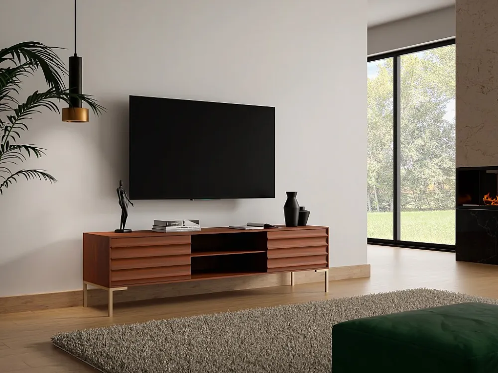 Tv-meubel 2 deurtjes, 2 vakken mangohout en goudkleurig metaal - Donkere houtlook - MAODISA