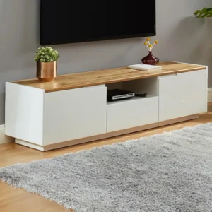 Tv-meubel 2 deuren 1 lade witgelakt MDF en naturel AMANI