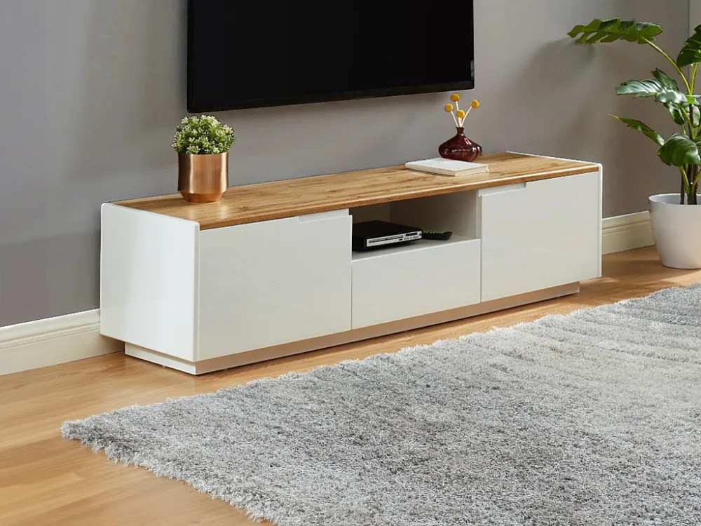 Tv-meubel 2 deuren 1 lade witgelakt MDF en naturel AMANI