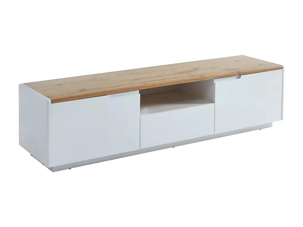 Tv-meubel 2 deuren 1 lade witgelakt MDF en naturel AMANI
