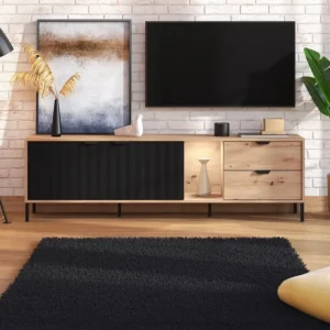 Tv-meubel, 2 deuren, 2 lades en 1 nis met ledverlichting - Naturel en zwart - MEVIELA