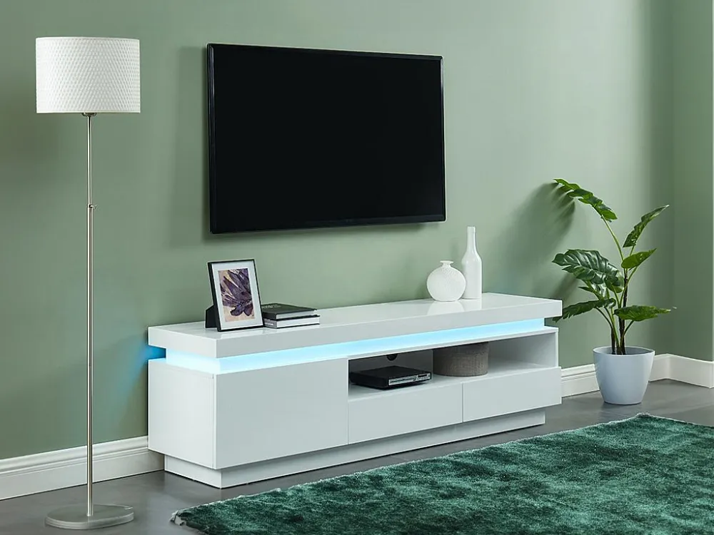 Tv-meubel EMERSON - 1 deur en 2 laden - Leds - Wit gelakt