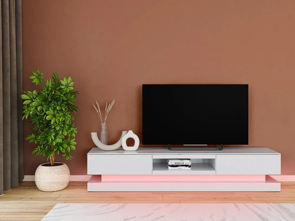 TV-meubel FIRMAMENT - Wit gelakt MDF - LEDs - 2 lades en 1 nis