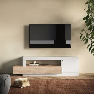 Tv-meubel met 1 deur, 1 lade en 1 opbergvak– Lichte houtlook en wit – RUSELO