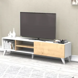 Tv-meubel met 1 deur en 3 nis - Naturel en wit - TAYRA