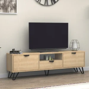 Tv-meubel met 2 deuren, 1 lade en 1 nis - Naturel en zwart - CARDELIA