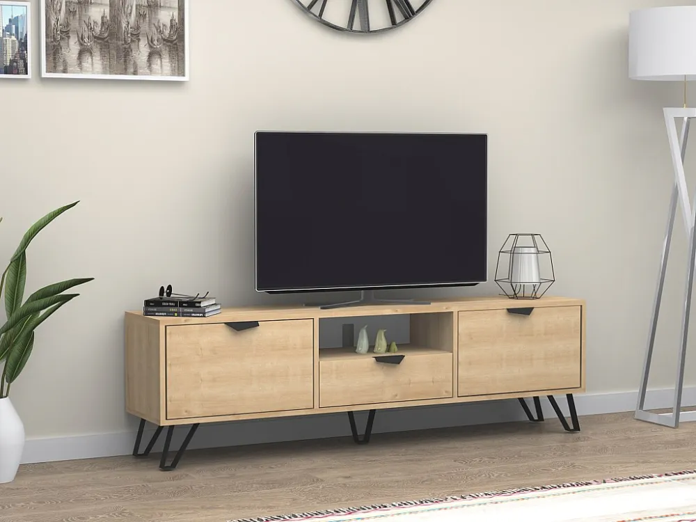 Tv-meubel met 2 deuren, 1 lade en 1 nis - Naturel en zwart - CARDELIA