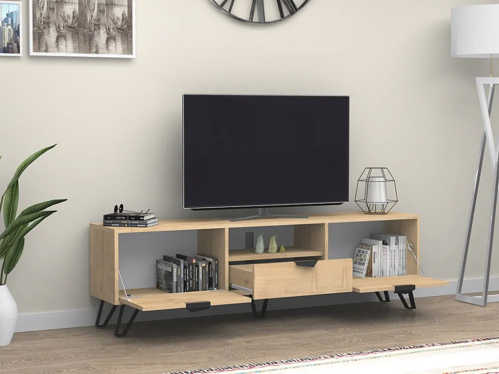 Tv-meubel met 2 deuren, 1 lade en 1 nis - Naturel en zwart - CARDELIA