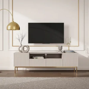 Tv-meubel met 2 deuren, 2 laden en 2 nissen van mdf en staal - Beige en goudkleurig - EVILANA