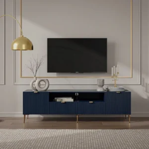 Tv-meubel met deuren, laden en nissen van mdf + staal - Blauw en goudkleurig - YESINIA