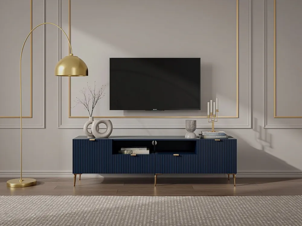 Tv-meubel met deuren, laden en nissen van mdf + staal - Blauw en goudkleurig - YESINIA