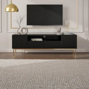 Tv-meubel met 2 deuren, 2 laden en 2 nissen van mdf en staal - Zwart en goudkleurig - EVILANA