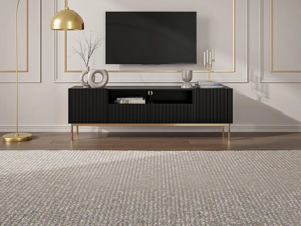 Tv-meubel met 2 deuren, 2 laden en 2 nissen van mdf en staal - Zwart en goudkleurig - EVILANA