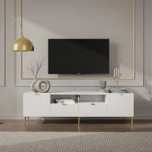 Tv-meubel met 2 deuren, 2 laden en 2 nissen van mdf en staal - Wit en goudkleurig - YESINIA