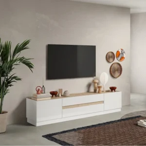 Tv-meubel met 2 deuren en 2 lades - Naturel en wit gelakt - EMORA