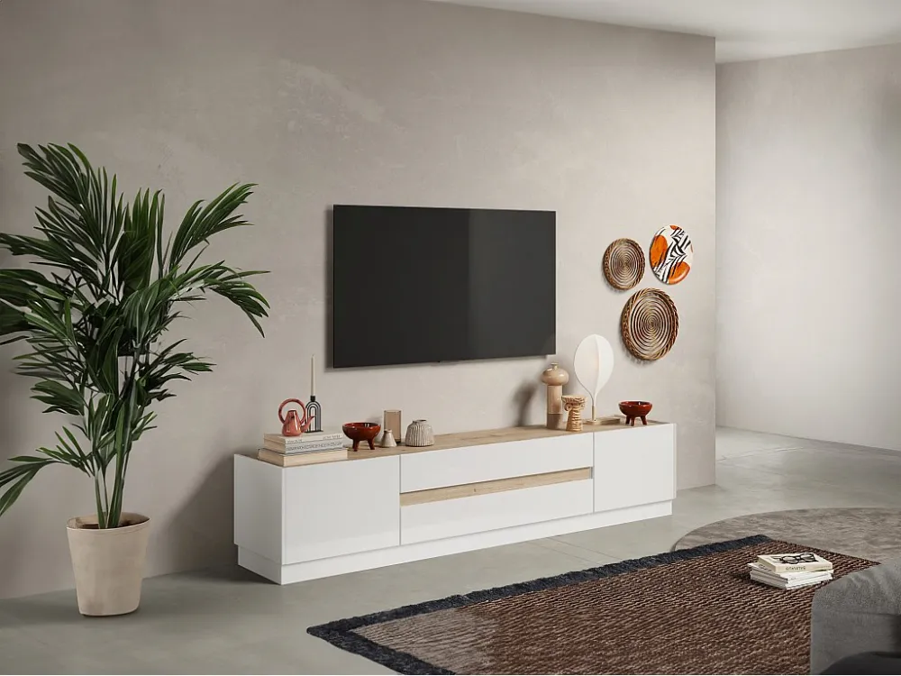 Tv-meubel met 2 deuren en 2 lades - Naturel en wit gelakt - EMORA