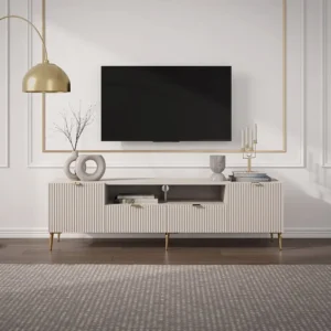Tv-meubel met 2 deuren, 2 lades en 2 nissen van mdf en staal - Beige en goudkleurig - YESINIA