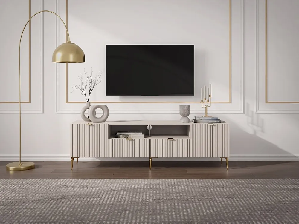 Tv-meubel met 2 deuren, 2 lades en 2 nissen van mdf en staal - Beige en goudkleurig - YESINIA