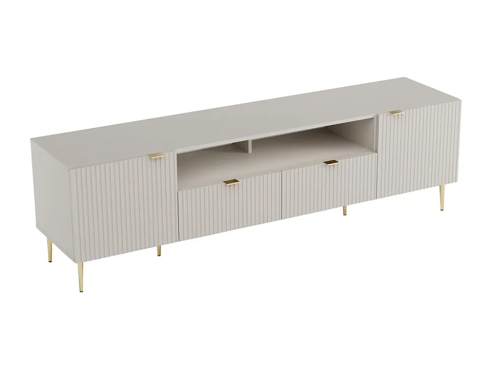Tv-meubel met 2 deuren, 2 lades en 2 nissen van mdf en staal - Beige en goudkleurig - YESINIA