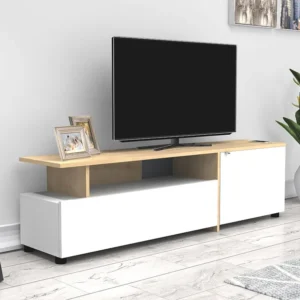 Tv-meubel met 2 deuren en 1 nis - Wit en naturel - NERISA