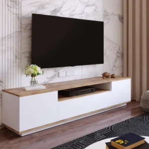 Tv-meubel met 3 deuren en 1 nis - Wit en naturel - LOTULA