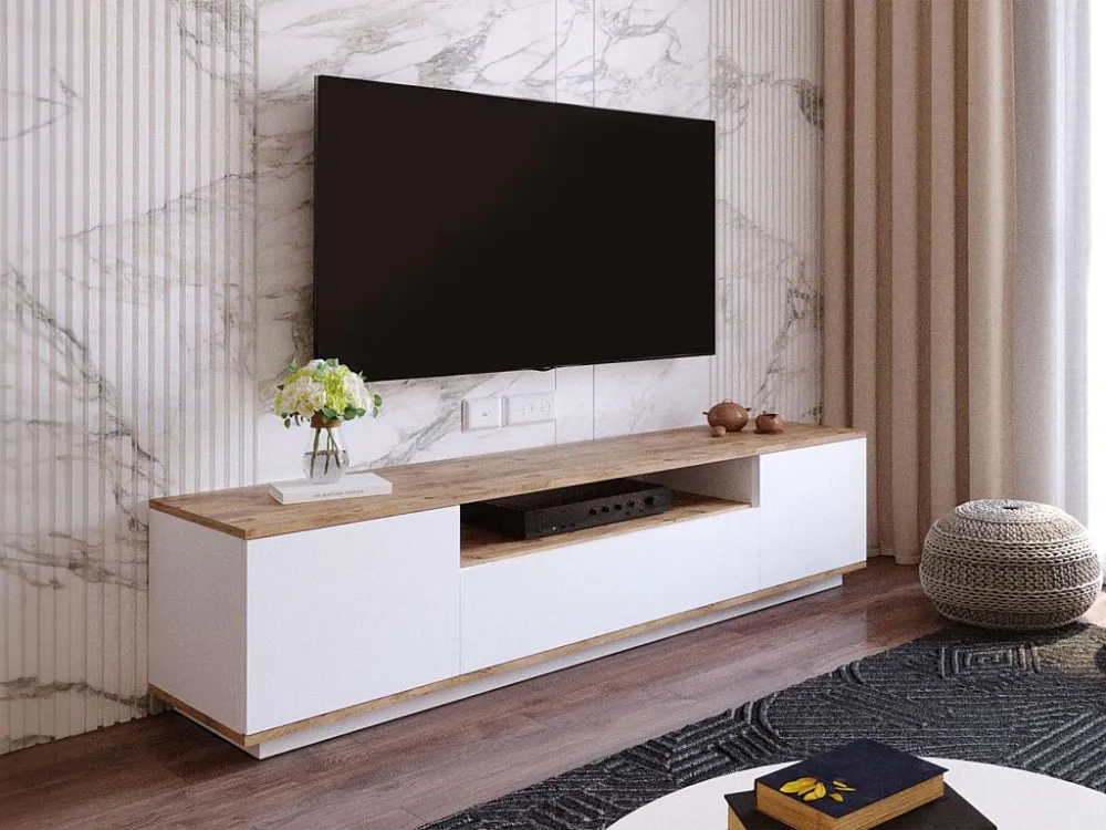 Tv-meubel met 3 deuren en 1 nis - Wit en naturel - LOTULA