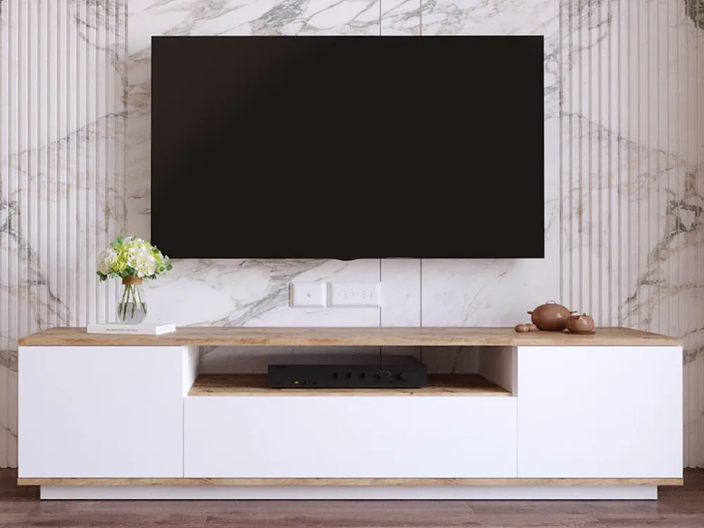 Tv-meubel met 3 deuren en 1 nis - Wit en naturel - LOTULA
