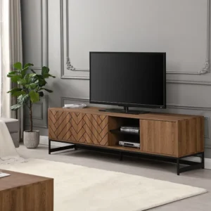 Tv-meubel met 3 deuren en 2 nissen - Mdf - Naturel en zwart - CARATANA - Koop nu online