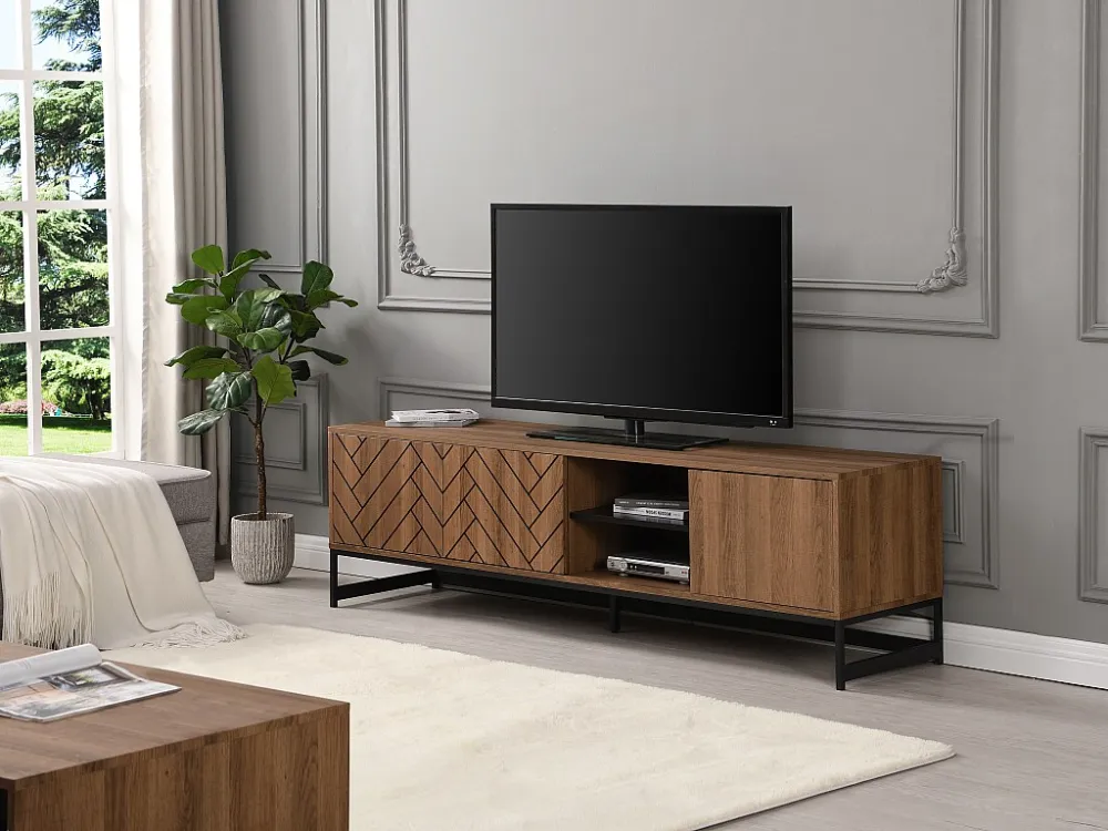 Tv-meubel met 3 deuren en 2 nissen - Mdf - Naturel en zwart - CARATANA - Koop nu online