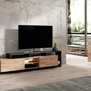 Tv-meubel met 2 deuren en 6 nissen met ledverlichting - Licht naturel en antraciet - IDESIA