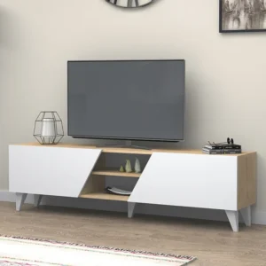 Tv-meubel met 2 deuren en 2 nissen - Wit en naturel - VELANIA
