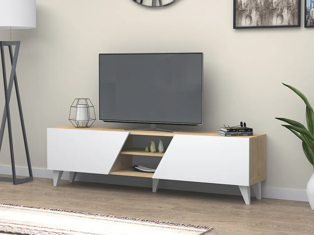 Tv-meubel met 2 deuren en 2 nissen - Wit en naturel - VELANIA