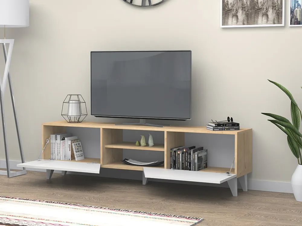 Tv-meubel met 2 deuren en 2 nissen - Wit en naturel - VELANIA