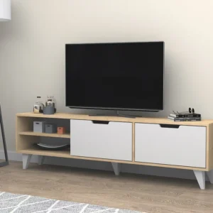 Tv-meubel met 2 deuren en 2 nissen - Wit en naturel - CORENIA