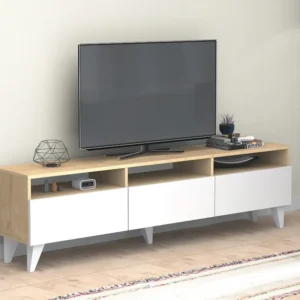 Tv-meubel met 3 deuren en 3 nissen - Wit en naturel - DEMANIA