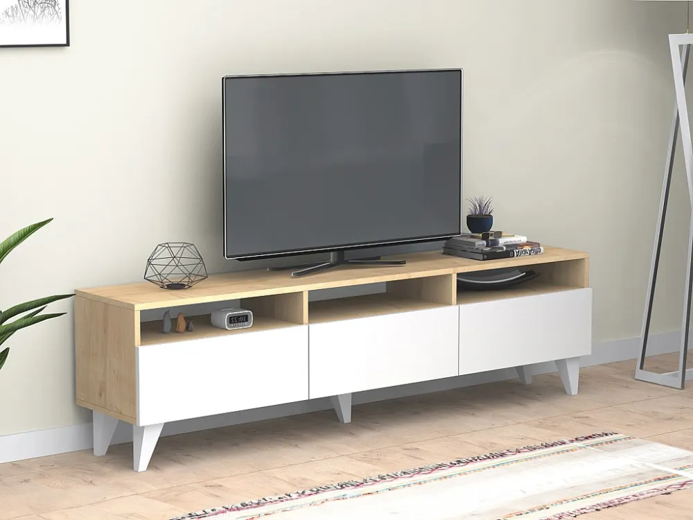 Tv-meubel met 3 deuren en 3 nissen - Wit en naturel - DEMANIA