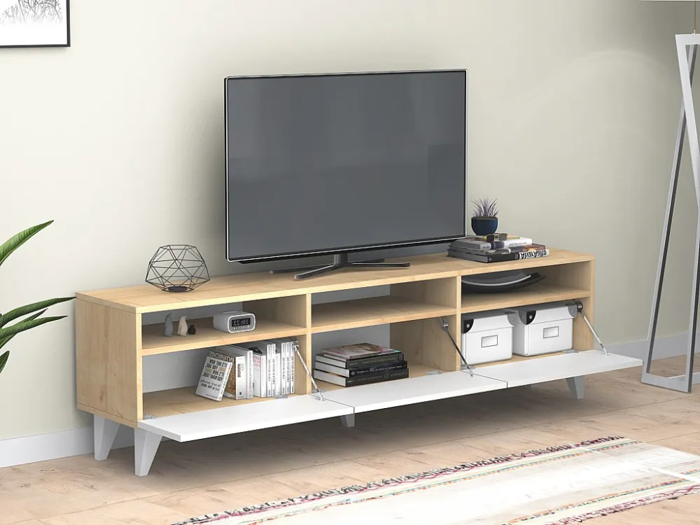 Tv-meubel met 3 deuren en 3 nissen - Wit en naturel - DEMANIA
