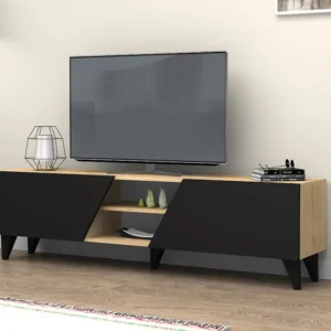Tv-meubel met 2 deuren en 2 nissen - Zwart en naturel - VELANIA