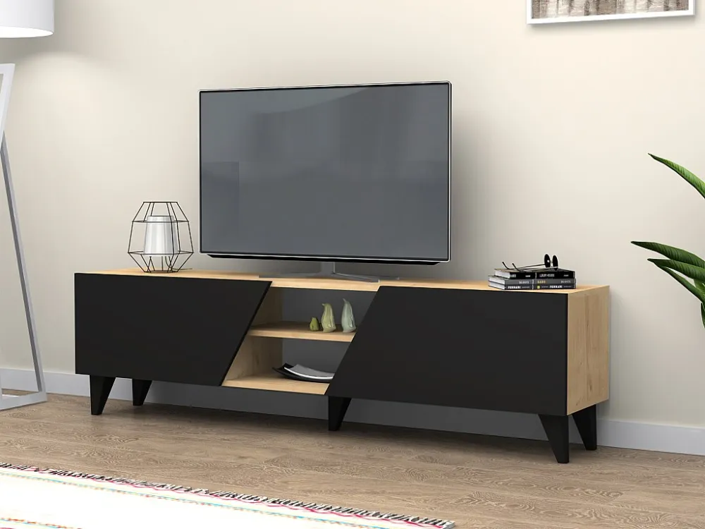 Tv-meubel met 2 deuren en 2 nissen - Zwart en naturel - VELANIA