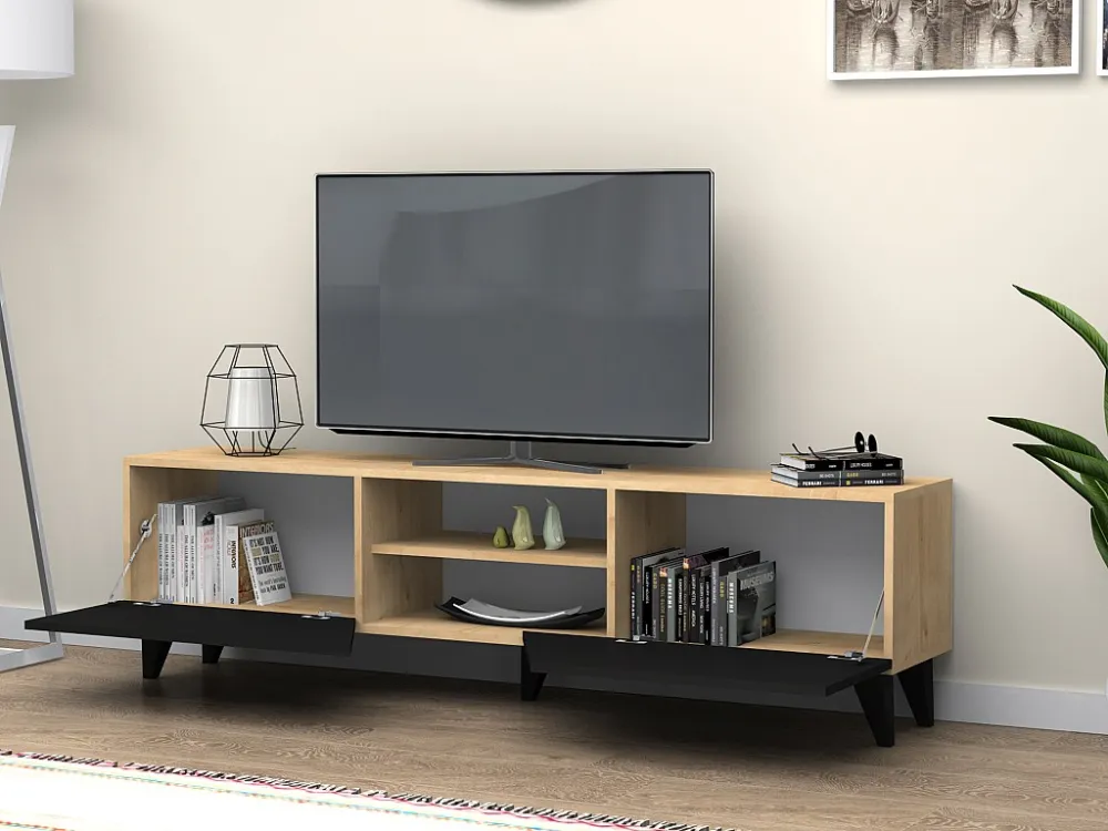 Tv-meubel met 2 deuren en 2 nissen - Zwart en naturel - VELANIA