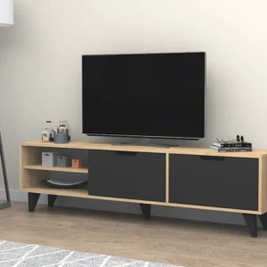 Tv-meubel met 2 deuren en 2 nissen - Zwart en naturel - CORENIA