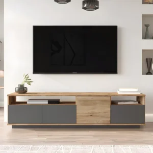 Tv-meubel met 4 deuren en 2 planken - Licht naturel en antraciet - CEDONA