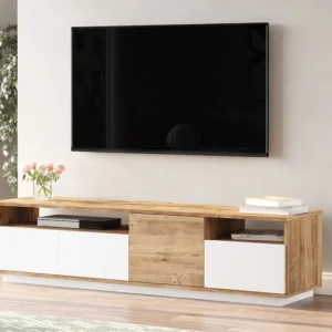 Tv-meubel met 4 deuren en 2 planken - Licht naturel en wit - CEDONA