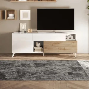 Tv-meubel met 2 deurtjes, 1 lade en 2 nissen - 181 cm - Houtlook en wit gelakt - DONALA