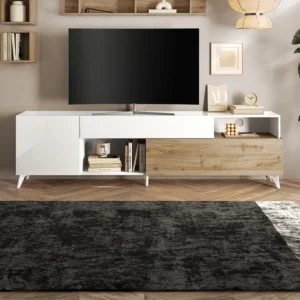 Tv-meubel met 2 deurtjes, 1 lade en 2 nissen - 241 cm - Houtlook en wit gelakt - DONALA