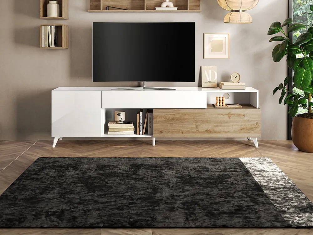 Tv-meubel met 2 deurtjes, 1 lade en 2 nissen - 241 cm - Houtlook en wit gelakt - DONALA